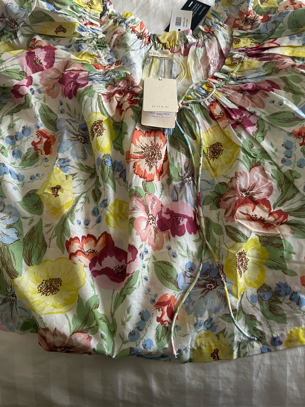 Doen  Inez Cotton Voile Floral Tie Blouse Top Blanc Anemone Bloom
 NWT
